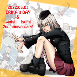 Rule 34 | 1girl, ankle boots, anniversary, artist logo, black footwear, black hat, black jacket, black socks, blue eyes, boots, collage background, commentary, dated, english text, from side, garrison cap, girls und panzer, grey hair, grin, hat, insignia, itsumi erika, jacket, kuromorimine military uniform, long sleeves, looking at viewer, medium hair, military hat, military uniform, miniskirt, nishi itsumi, pleated skirt, red skirt, sitting, skirt, smile, socks, solo, twitter username, uniform, v