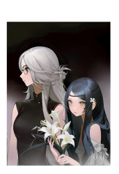 Rule 34 | 2girls, bare shoulders, beads, black background, black hair, blue eyes, breasts, circlet, closed mouth, flat chest, flower, ginxiee, glasses, green eyes, grey hair, hair beads, hair bun, hair flower, hair ornament, half updo, hands up, highres, holding, holding flower, lily (flower), long hair, looking at viewer, looking away, looking to the side, medium breasts, mole, mole under mouth, multiple girls, off shoulder, original, profile, single hair bun, sleeveless, smile, upper body, white flower, yellow eyes