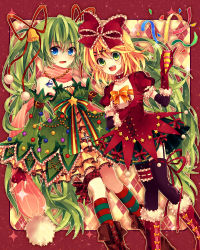 Rule 34 | 2girls, bare shoulders, blonde hair, blue eyes, boots, bow, bridal garter, choker, christmas, cross, detached sleeves, dress, elbow gloves, fingerless gloves, frills, garter straps, gloves, green eyes, green hair, hair bow, hair ornament, hair ribbon, hairclip, hatsune miku, jewelry, kagamine rin, knee boots, kneehighs, long hair, multiple girls, necklace, open mouth, ribbon, runako, scarf, snowman, socks, sparkle, striped clothes, striped legwear, striped socks, thighhighs, twintails, very long hair, vocaloid, winter