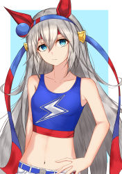 Rule 34 | 1girl, absurdres, amaxa, animal ears, armpit crease, bare shoulders, belt, blue belt, blue eyes, blue hairband, blue tank top, breasts, closed mouth, collarbone, commentary request, cowboy shot, crop top, ear covers, ear ornament, grey hair, groin, hair between eyes, hairband, hand on own hip, head tilt, headband, highres, horse ears, horse girl, lightning bolt print, long hair, looking at viewer, midriff, navel, no jacket, pants, red headband, sidelocks, small breasts, solo, standing, tamamo cross (umamusume), tank top, umamusume, white pants