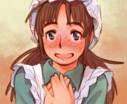 Rule 34 | 1girl, becky (princess sarah), blue eyes, brown hair, freckles, green eyes, long hair, maid, nippon animation, open mouth, princess sarah, ramb chop, smile, solo, world masterpiece theater