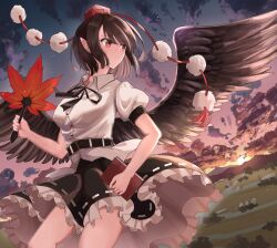 Rule 34 | 1girl, bird wings, black hair, black skirt, black wings, blush, collared shirt, erisauria, feathered wings, frilled skirt, frills, hand fan, hat, hauchiwa, highres, holding, holding fan, parted lips, pointy ears, pom pom (clothes), puffy short sleeves, puffy sleeves, red eyes, red hat, shameimaru aya, shirt, short hair, short sleeves, skirt, solo, tokin hat, touhou, white shirt, wings