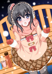 Rule 34 | 1girl, :o, bench, black hair, blue eyes, blush, bow, burn scar, checkered clothes, checkered skirt, coat, cup, dorei to no seikatsu ~teaching feeling~, earmuffs, from above, hair ornament, long hair, looking at viewer, looking up, mittens, pink scarf, scar, scarf, side ponytail, sitting, skirt, snowing, solo, sylvie (dorei to no seikatsu), takahiko, thermos, winter clothes, winter coat