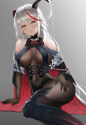 Rule 34 | 1girl, absurdly long hair, absurdres, aegir (azur lane), armored boots, azur lane, bare shoulders, black cape, black footwear, black legwear, bodystocking, boots, breast curtains, breasts, brown gloves, cape, cross, cross-laced clothes, cross earrings, demon horns, earrings, eroge- (artist), gloves, gradient background, grey background, hair between eyes, hair on horn, highres, horns, impossible clothes, iron cross, jewelry, knee boots, large breasts, long hair, looking at viewer, multicolored hair, red hair, simple background, single knee boot, solo, streaked hair, underbust, very long hair, white hair, yellow eyes