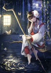 Rule 34 | 1girl, barefoot, black hair, bug, butterfly, collarbone, fox mask, full moon, hand on own face, highres, holding, holding staff, insect, japanese clothes, kim eb, lantern, long hair, looking at viewer, mask, unworn mask, miko, moon, night, night sky, original, outdoors, red eyes, ripples, sitting, sky, solo, staff, star (sky), starry sky, wading, water