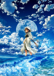 Rule 34 | 1girl, blue sky, blue theme, breasts, brown eyes, brown hair, cloak, clothes lift, cloud, cloudy sky, commentary request, day, dress, dress lift, green dress, highres, hood, hood up, long hair, long sleeves, looking at viewer, medium breasts, moon, ocean, original, outdoors, parted lips, scenery, skirt hold, sky, solo, standing, summer, very long hair, wading, water, waves, white cloak, wide sleeves, yuu knmy