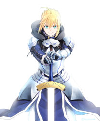 Rule 34 | 1girl, aqua eyes, armor, armored dress, arthur pendragon (fate), arthur pendragon (fate) (cosplay), artoria pendragon (fate), blonde hair, blue dress, cosplay, dress, excalibur (fate/stay night), fate/stay night, fate (series), guantels, hair between eyes, highres, holding, holding sword, holding weapon, looking at viewer, saber (fate), short hair, simple background, solo, somemiya suzume, standing, sword, weapon, white background