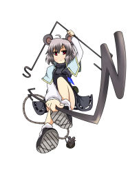 Rule 34 | 1girl, ahoge, animal ears, basket, capelet, dowsing rod, dual wielding, earlgrey, female focus, grey hair, holding, jewelry, long sleeves, mouse (animal), mouse ears, mouse tail, nazrin, pendant, pouch, red eyes, short hair, solo, tail, touhou, white background