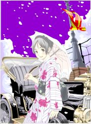 Rule 34 | akino (artist), car, cherry blossoms, flag, grey hair, japanese clothes, motor vehicle, nail polish, petals, short hair, solo, umbrella, vehicle