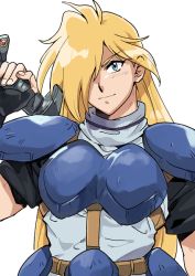 Rule 34 | 1boy, arm at side, armor, blonde hair, blue eyes, breastplate, closed mouth, ears visible through hair, eyebrows, fingernails, gourry gabriev, hair between eyes, hair over one eye, hand up, holding, holding sword, holding weapon, long hair, looking at viewer, male focus, medu (rubish), over shoulder, pauldrons, shoulder armor, simple background, slayers, smile, solo, straight hair, sword, upper body, weapon, weapon over shoulder, white background