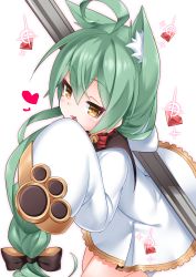 Rule 34 | 1girl, :d, ahoge, akashi (azur lane), animal ear fluff, animal ears, azur lane, blush, bow, brown bow, brown eyes, cat ears, commentary request, dress, gem, glint, green hair, hair between eyes, hair bow, hand up, highres, kirisame mia, long hair, long sleeves, looking at viewer, open mouth, red gemstone, simple background, sleeves past fingers, sleeves past wrists, smile, solo, very long hair, white background, white dress, wide sleeves