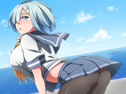 Rule 34 | 10s, 1girl, ass, bent over, black pantyhose, blue eyes, blue hair, breasts, cloud, cloudy sky, day, hair ornament, hairclip, hamakaze (kancolle), kantai collection, large breasts, leaning forward, looking at viewer, miniskirt, no panties, ocean, open mouth, outdoors, pantyhose, school uniform, serafuku, shinsono shiroko, short hair, skirt, sky, solo