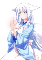 Rule 34 | 1girl, animal ears, apron, barefoot, blue eyes, blue kimono, blush, breasts, closed mouth, commentary request, ears down, fox ears, fox tail, hand on own chest, hand up, heart, japanese clothes, jewelry, kimono, konshin, large breasts, long sleeves, orie mishiro, original, ring, seiza, short eyebrows, sitting, solo, tail, wedding band, white apron, white background