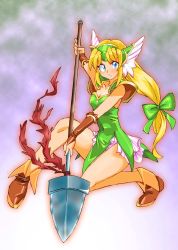 Rule 34 | 1girl, blonde hair, blue eyes, blush, boots, bow, breasts, brown footwear, cleavage, dress, forehead jewel, full body, gloves, green bow, green dress, hair bow, helmet, holding, holding weapon, long hair, looking at viewer, low-tied long hair, onnaski, polearm, riesz, seiken densetsu, seiken densetsu 3, solo, spear, very long hair, weapon, winged helmet