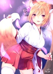 Rule 34 | 1girl, animal ear fluff, animal ears, blonde hair, blurry, breasts, chita (ketchup), contrapposto, cowboy shot, depth of field, fingernails, flower, fox ears, fox girl, fox tail, hair flower, hair ornament, hakama, hakama skirt, highres, hikimayu, holding own tail, japanese clothes, looking at viewer, medium breasts, miko, nail polish, open mouth, original, petals, red eyes, red hakama, red nails, ribbon-trimmed sleeves, ribbon trim, short hair, signature, skirt, smile, solo, standing, tail, thighhighs, twitter username, white thighhighs, wide sleeves