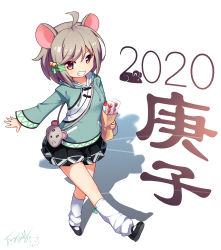 Rule 34 | 1girl, 2020, ahoge, animal bag, animal ears, bag, bell, black footwear, black skirt, brown eyes, brown hair, chinese commentary, chinese zodiac, commentary request, drawstring, green hoodie, green ribbon, grin, hair bell, hair between eyes, hair ornament, hair ribbon, highres, holding, holding bag, hood, hood down, hoodie, jingle bell, kneehighs, langbazi, looking at viewer, loose socks, mouse ears, original, paper bag, pleated skirt, ribbon, shadow, shoe soles, shoes, shoulder bag, signature, skirt, smile, socks, solo, standing, standing on one leg, white background, white socks, year of the rat