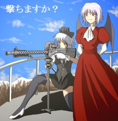 Rule 34 | 2girls, anime coloring, bad id, bad pixiv id, bat wings, black thighhighs, fang, female focus, gun, izayoi sakuya, junkei, left-handed, machine gun, multiple girls, on one knee, red eyes, remilia scarlet, rifle, short hair, silver hair, sniper rifle, thighhighs, touhou, translation request, vampire, weapon, wings