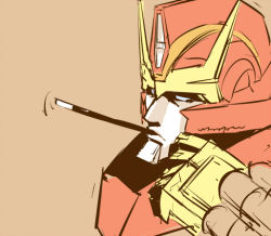 Rule 34 | 1boy, autobot, blue eyes, candy, chocolate, food, ichira-san, looking at another, machine, machinery, male focus, mecha, mouth hold, no humans, personification, pocky, pocky day, pocky kiss, robot, rodimus, shared food, solo, transformers, upper body