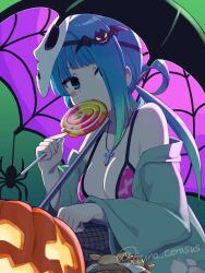 Rule 34 | 1girl, bat hair ornament, bikini, bikini under clothes, black umbrella, blue eyes, blue hair, blue jacket, breasts, candy, cleavage, commentary request, fishnet pantyhose, fishnets, food, grey pantyhose, hair ornament, hair rings, halloween, highres, holding, holding candy, holding food, holding lollipop, jack-o&#039;-lantern, jacket, large breasts, leaning forward, lollipop, long hair, looking at viewer, mask, mask on head, off shoulder, open clothes, open jacket, original, pantyhose, pink bikini, sidelocks, solo, spider web print, swimsuit, swirl lollipop, tsunaso (lack of sunlight), twitter username, umbrella, very long hair