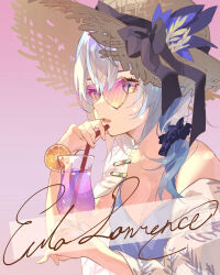 Rule 34 | 1girl, absurdres, alternate costume, blue camisole, blue hair, breasts, camisole, character name, cleavage, clothes pin, cup, cursive, eula (genshin impact), food, fruit, genshin impact, gradient background, hair between eyes, hair ornament, hair scrunchie, hat, hat ornament, hat ribbon, heart, heart-shaped eyewear, highres, holding, holding cup, holding straw, lemon, lemon slice, looking at viewer, medium breasts, medium hair, multicolored eyes, oriori 0201, pink background, rainbow-tinted eyewear, ribbon, scrunchie, sidelocks, simple background, solo, straw hat, sunglasses, upper body