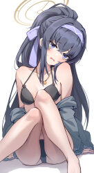 Rule 34 | 1girl, absurdres, bikini, black bikini, black hair, blue archive, blue eyes, blush, breasts, commentary request, grey jacket, hairband, halo, halterneck, head tilt, highres, jacket, jewelry, knees together feet apart, long hair, looking at viewer, necklace, o-ring, o-ring bikini, off shoulder, official alternate costume, ponytail, purple hairband, simple background, sitting, small breasts, swimsuit, ui (blue archive), ui (swimsuit) (blue archive), white background, yellow halo, yeogpu (seung832222)