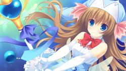 Rule 34 | 1girl, blue eyes, bow, brown hair, dress, elbow gloves, female focus, game cg, gloves, long hair, looking at viewer, magical dears, solo, staff, uino maho, white gloves