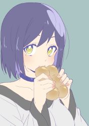 Rule 34 | 1girl, absurdres, bad id, bad twitter id, blush, bread, choker, commentary request, donguri suzume, eating, fingernails, food, green background, hands up, highres, holding, long sleeves, looking at viewer, mole, mole under eye, nail polish, nijisanji, orange nails, purple choker, purple hair, shizuka rin, short hair, simple background, solo, upper body, virtual youtuber, yellow eyes