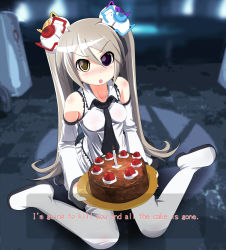 Rule 34 | 1girl, angry, bare shoulders, black forest cake, blush, boots, cake, detached sleeves, english text, fake screenshot, food, glados, glados-tan, hairpods, hangaku, heterochromia, highres, kneeling, long hair, meme, necktie, pastry, personification, portal (series), portal 1, sitting, skirt, solo, spoilers, the cake is a lie (meme), thigh boots, thighhighs, tray, tsundere, twintails, valve, wariza, white hair, white thighhighs