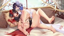 Rule 34 | 2girls, arms behind back, ass, ass cutout, bare shoulders, barefoot, bed, black dress, black hair, blue eyes, blue hair, blue sky, breasts, butt crack, cameltoe, china dress, chinese clothes, cleavage, clothing cutout, dress, dual persona, feet, flower, full body, gavin007, hair flower, hair ornament, highres, honkai (series), honkai impact 3rd, legs, looking at viewer, looking back, lying, m legs, multiple girls, on back, open mouth, panties, petals, pillow, red dress, red eyes, red hair, restrained, seele (alter ego), seele vollerei, seele vollerei (stygian nymph), shiny skin, short hair, sky, sleeveless, sleeveless dress, soles, spread legs, toes, underwear, white dress, white panties