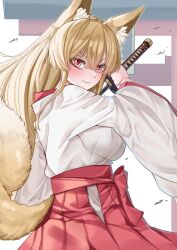 Rule 34 | 1girl, absurdres, animal ears, blonde hair, breasts, commission, fox ears, fox girl, fox tail, hakama, hakama skirt, highres, holding, holding sword, holding weapon, japanese clothes, kimono, kitsune, large breasts, long hair, looking at viewer, mahoro (minase mahoro), miko, original, pixiv commission, red eyes, red hakama, shrine, simple background, skirt, smile, solo, sword, tail, weapon, white background, white kimono, wide sleeves