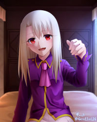 Rule 34 | 1girl, :d, bed sheet, bedroom, collared shirt, dress shirt, fate/stay night, fate (series), gyatto624, hair between eyes, head tilt, highres, illyasviel von einzbern, indoors, long hair, long sleeves, looking at viewer, on bed, open mouth, pink neckwear, pleated skirt, purple shirt, red eyes, shirt, silver hair, sitting, skirt, smile, solo, twitter username, white skirt, wing collar