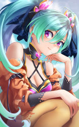 Rule 34 | 1girl, anko (an k), aqua hair, az sainklaus, blue hair, breasts, cleavage, criss-cross halter, detached collar, gradient hair, halterneck, highres, long hair, looking to the side, multicolored hair, off shoulder, orange sweater, purple eyes, smile, solo, squatting, super robot wars, super robot wars 30, sweater, thighhighs, twintails, yellow thighhighs