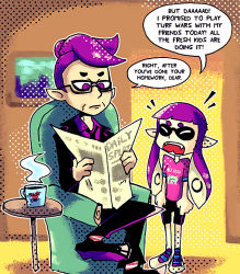 Rule 34 | 1boy, 1girl, bike shorts, chair, closed eyes, coffee, coffee mug, cup, english text, fangs, father and daughter, frog, glasses, halftone, halftone background, heart, inkling, inkling boy, inkling girl, inkling player character, long sleeves, mug, newspaper, nintendo, open mouth, pointy ears, purple eyes, purple hair, reading, setz, short sleeves, sitting, splatoon (series), splatoon 1, tentacle hair