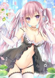 Rule 34 | 1girl, ahoge, arm up, babydoll, bare shoulders, black panties, breasts, choker, cleavage, collarbone, cowboy shot, elbow gloves, frills, gloves, gluteal fold, groin, hair ribbon, jewelry, lingerie, long hair, looking at viewer, medium breasts, navel, necklace, original, panties, picpicgram, pink hair, pointy ears, purple eyes, ribbon, sidelocks, smile, solo, stomach, thighhighs, thighs, twintails, underwear, very long hair, white gloves, white thighhighs