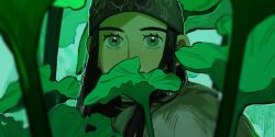 Rule 34 | 1girl, ainu clothes, asirpa, bandana, black hair, blurry, blurry foreground, cape, covered mouth, earrings, eyelashes, fur cape, golden kamuy, green theme, highres, hoop earrings, jewelry, long hair, looking at viewer, naruysae, solo