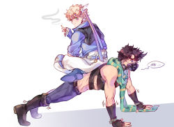 Rule 34 | 2boys, battle tendency, blonde hair, blue jacket, boots, brown hair, caesar anthonio zeppeli, cigarette, exercising, facial mark, fingerless gloves, gloves, green eyes, headband, highres, holding, holding cigarette, indian style, jacket, jojo no kimyou na bouken, joseph joestar, joseph joestar (young), knee pads, male focus, midriff, multiple boys, push-ups, scarf, sitting, sitting on person, sky kiki, smoke, striped clothes, striped scarf, trembling, triangle print, wing hair ornament