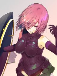Rule 34 | 1girl, armor, bare shoulders, black gloves, breasts, clenched teeth, elbow gloves, fate/grand order, fate (series), gloves, hair over one eye, highres, holding, holding shield, looking at viewer, mash kyrielight, purple eyes, purple hair, shield, short hair, solo, teeth, yuky (cassis powder)