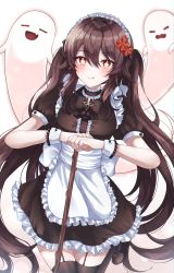 Rule 34 | 1girl, :q, absurdres, alternate costume, apron, black thighhighs, brown hair, commentary, enmaided, flower, garter straps, genshin impact, ghost, hair between eyes, hair flower, hair ornament, highres, hu tao (genshin impact), huge filesize, long hair, looking at viewer, maid, maid apron, maid headdress, orange eyes, ryunbi, sidelocks, smile, symbol-shaped pupils, thighhighs, tongue, tongue out, twintails, white background, zettai ryouiki
