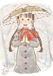 Rule 34 | 1girl, black hair, braid, breath, capelet, chii-kun (seedyoulater), commentary request, dress, grey dress, hat, hidden star in four seasons, long earlobes, long hair, looking at viewer, praying, red eyes, snow, solo, straw hat, touhou, tree, twin braids, yatadera narumi