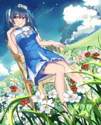 Rule 34 | 1girl, bare legs, blue dress, blue eyes, blue hair, blue sky, breasts, chair, cleavage, cleavage cutout, closed mouth, clothing cutout, cloud, day, dress, dutch angle, field, flower, flower field, frilled dress, frills, grass, hair flower, hair ornament, hand up, hatsune miku, head tilt, knees together feet apart, lips, long hair, looking at viewer, medium breasts, muko (kokia38), on chair, outdoors, pink flower, red flower, red rose, rose, sky, sleeveless, sleeveless dress, smile, solo, twintails, vocaloid, white flower, white rose
