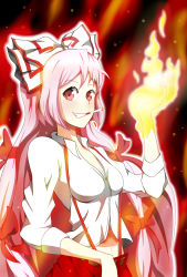 Rule 34 | 1girl, :d, bad id, bad pixiv id, black background, bow, breasts, cigarette, cleavage, female focus, fiery background, fire, fujiwara no mokou, grin, hair bow, highres, large bow, long hair, looking at viewer, medium breasts, midriff, navel, open mouth, pants, pink hair, puuzaki puuna, red eyes, shirt, smile, smoking, solo, suspenders, teeth, touhou, very long hair, white hair, white shirt