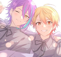Rule 34 | 2boys, ahoge, blonde hair, blue hair, closed mouth, collared shirt, dot nose, earrings, gradient hair, grey ribbon, grey shirt, grin, highres, jewelry, looking at viewer, male focus, multicolored hair, multiple boys, neck ribbon, one eye closed, project sekai, purple hair, red eyes, ribbon, sekina, shinonome akito, shirt, simple background, smile, streaked hair, stud earrings, tenma tsukasa, white background, wing collar, yellow eyes