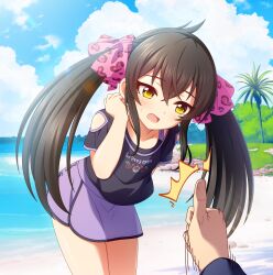 1boy 1girl ^^^ absurdres beach black_hair black_shirt blue_sky blush cloud cloudy_sky collarbone commentary_request cowboy_shot day dot_nose flat_chest fuu_(koneko_no_yomeiri) hair_between_eyes highres horizon idolmaster idolmaster_cinderella_girls leaning_forward long_hair looking_at_viewer matoba_risa ocean open_mouth outdoors palm_tree pov pov_hands producer_(idolmaster) shirt short_sleeves sky solo_focus standing thighs thumbs_up tree twintails variant_set very_long_hair yellow_eyes