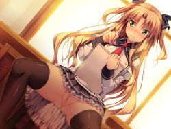 Rule 34 | 1girl, black thighhighs, blonde hair, blush, bow, censored, closed mouth, erect!, eyebrows, female focus, frilled skirt, frills, game cg, green eyes, groin, holding, holding pen, jewelry, long hair, long sleeves, looking at viewer, mosaic censoring, necktie, no panties, pen, piromizu, pussy, ring, school uniform, sitting, skindentation, skirt, solo, spread legs, thighhighs, tiana jill lilithtia, two side up, very long hair