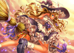 Rule 34 | 1girl, adjusting hair, aqua eyes, blonde hair, braid, broom, broom riding, cloud, dress, dutch angle, embellished costume, female focus, flying, foreshortening, frills, from behind, gathers, glowing, hat, kirisame marisa, legs, light particles, long hair, looking back, mary janes, ribbon, seima taniguchi, shoes, sky, socks, solo, sparkle, sunset, taniguchi seima, touhou, very long hair, wavy hair, witch, witch hat