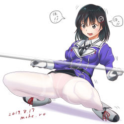 Rule 34 | 1girl, black eyes, black hair, breasts, commentary request, gloves, haguro (kancolle), haguro kai ni (kancolle), hair ornament, kantai collection, limbo, long sleeves, medium breasts, military, military uniform, moke ro, panties, panties under pantyhose, pantyhose, red panties, short hair, simple background, solo, thighband pantyhose, underwear, uniform, white background, white gloves