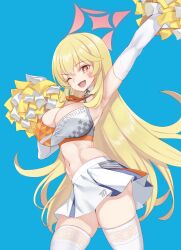 Rule 34 | 1girl, arm up, armpits, bare shoulders, blonde hair, blue archive, blue background, breasts, brown eyes, cleavage, criss-cross halter, elbow gloves, gloves, halo, halterneck, highres, holding, holding pom poms, large breasts, long hair, looking at viewer, matsuryuu, millennium cheerleader outfit (blue archive), miniskirt, navel, open mouth, pleated skirt, pom pom (cheerleading), pom poms, shokuhou misaki, skirt, smile, sparkling eyes, spider web print, sports bra, thighhighs, thighs, toaru kagaku no railgun, toaru majutsu no index, white gloves, white skirt, white thighhighs