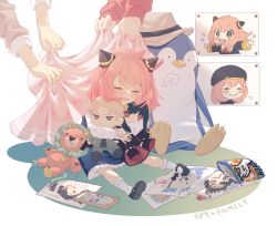Rule 34 | 1boy, 1other, 2girls, aged down, anya (spy x family), blush, chibi, child, closed eyes, commentary, copyright name, director chimera (spy x family), full body, green eyes, hat, highres, looking at viewer, medium hair, meme, multiple girls, on floor, open mouth, pink hair, rabb horn, sleeping, smile, smirk, spy x family, teeth, toy, twilight (spy x family), upper teeth only, yor briar