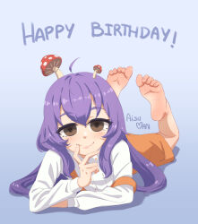 Rule 34 | 1girl, ahoge, aisuman, alchemilla menace, arm rest, barefoot, blue background, blush, brown eyes, buttons, closed mouth, collared shirt, cyberlive, elbow rest, feet, finger to mouth, full body, happy birthday, highres, indie virtual youtuber, long hair, long sleeves, looking at viewer, lying, mushroom, mushroom on head, on stomach, orange skirt, purple hair, shirt, skirt, smile, soles, strap slip, suspender skirt, suspenders, the pose, toenails, toes, virtual youtuber, white shirt