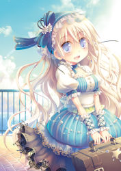 Rule 34 | 1girl, bad id, bad pixiv id, blonde hair, blue eyes, cloud, day, dress, earrings, hairband, jewelry, lace, long hair, looking at viewer, luggage, open mouth, original, sky, smile, solo, wrist cuffs, yamadori yoshitomo